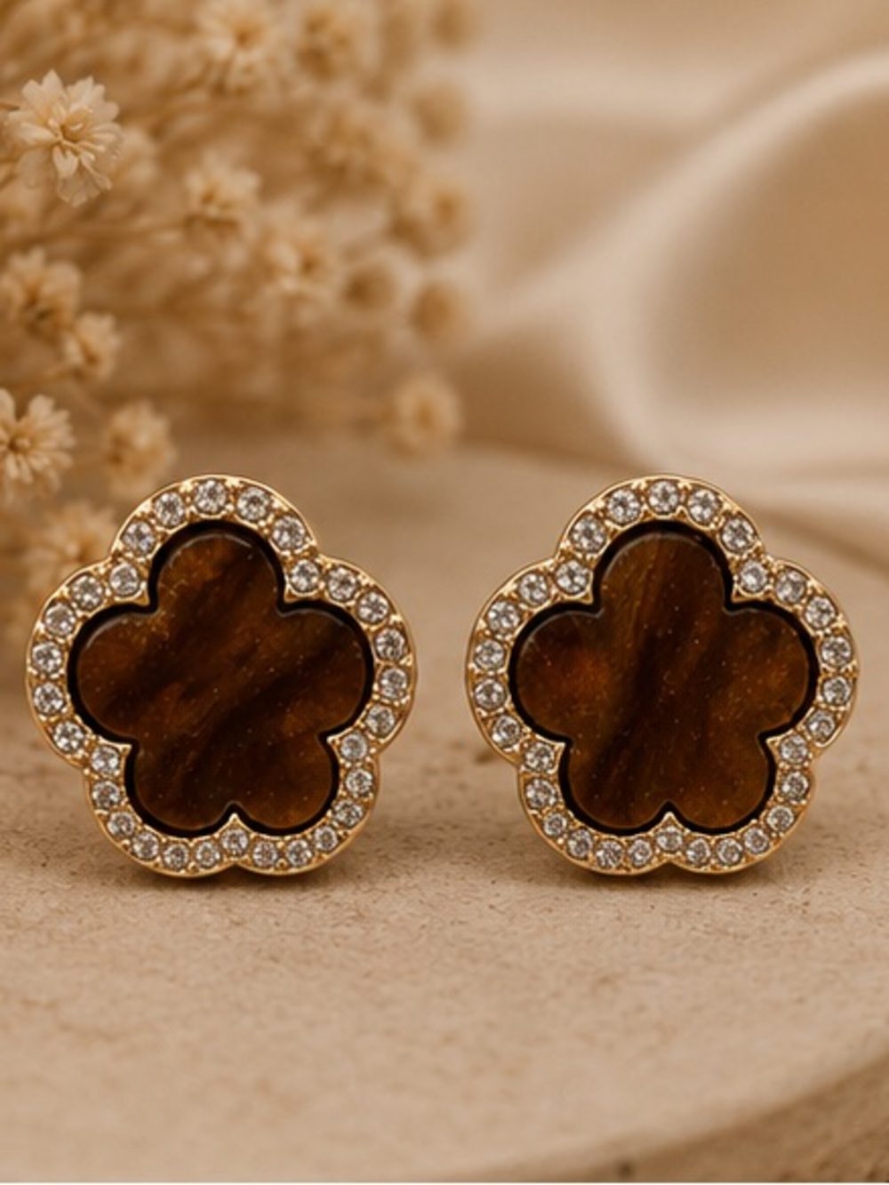 Designer-Inspired BrownCrystal Halo Clover Stud Earrings